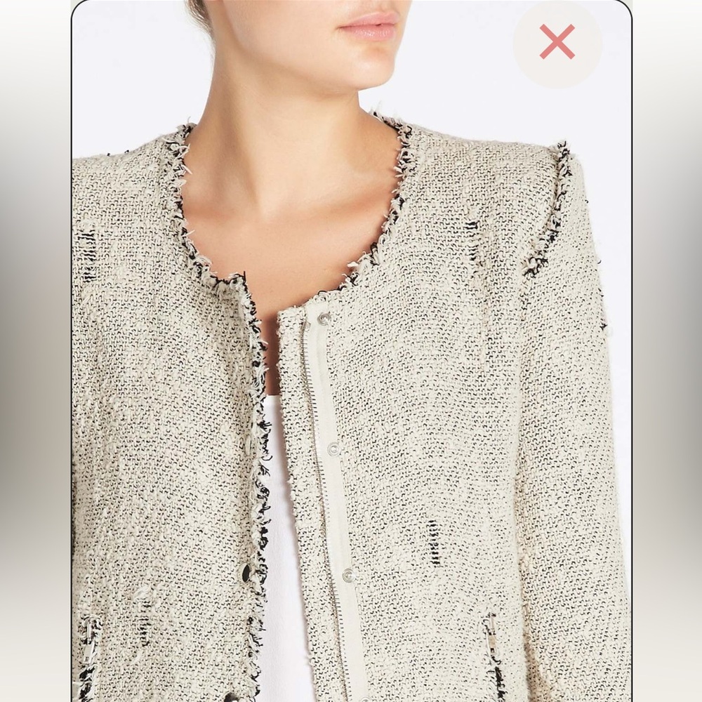 IRO Agnette Jacket Size 2 tweed fringe distressed grey ivory black EUC